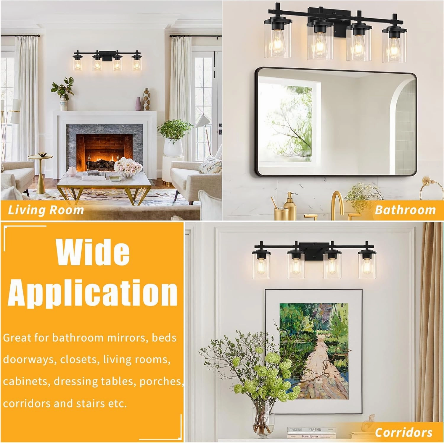4-Lights Matte Black Bathroom Light Fixture, Modern Black Vanity Lights Over Mirror with Clear Glass Shade, Bathroom Wall Mounted Lamp for Mirror Living Room Hallway Cabinet