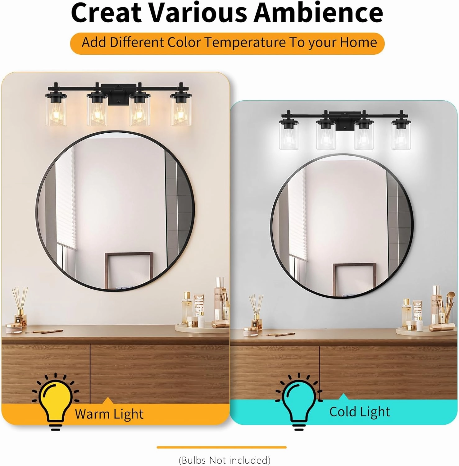 4-Lights Matte Black Bathroom Light Fixture, Modern Black Vanity Lights Over Mirror with Clear Glass Shade, Bathroom Wall Mounted Lamp for Mirror Living Room Hallway Cabinet