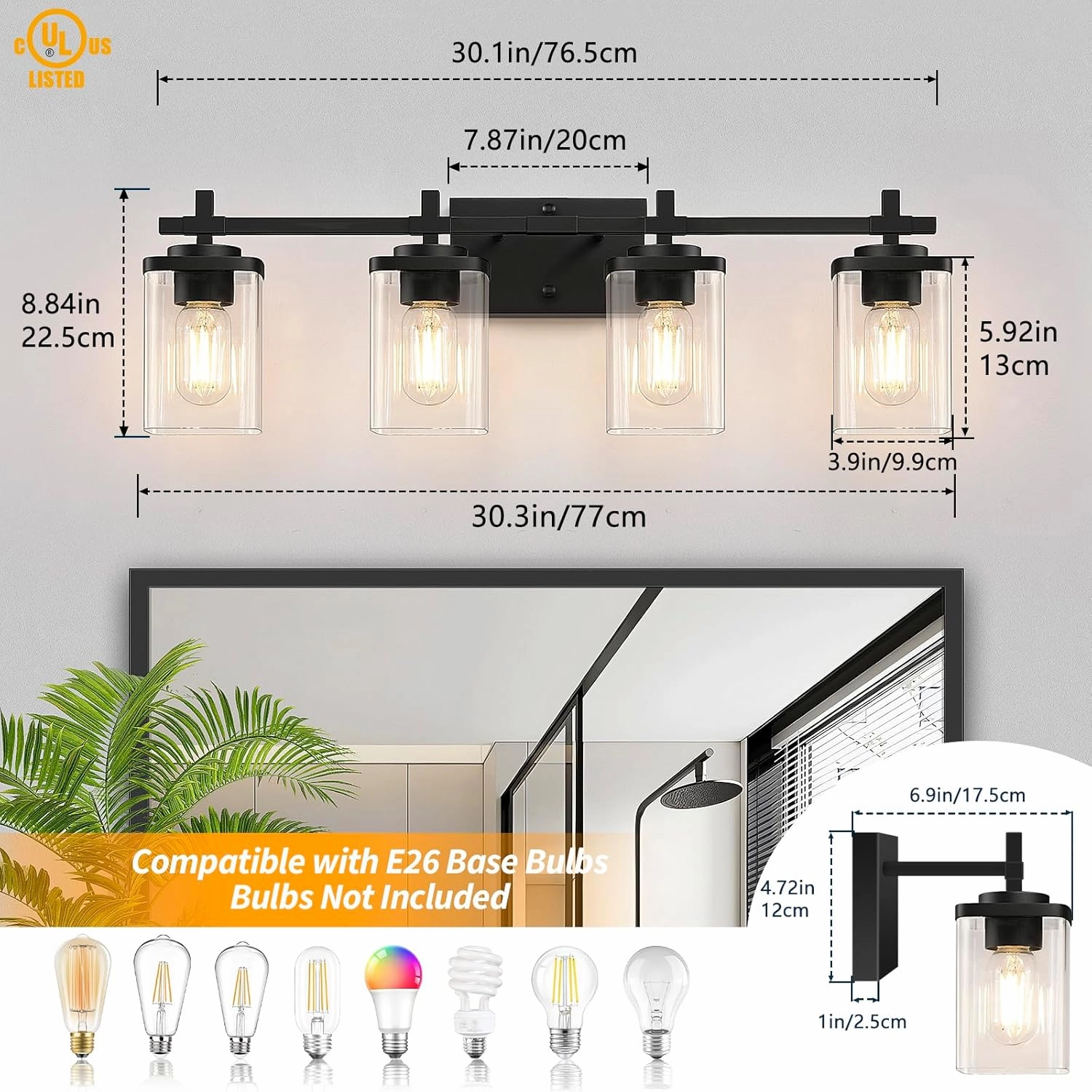 4-Lights Matte Black Bathroom Light Fixture, Modern Black Vanity Lights Over Mirror with Clear Glass Shade, Bathroom Wall Mounted Lamp for Mirror Living Room Hallway Cabinet