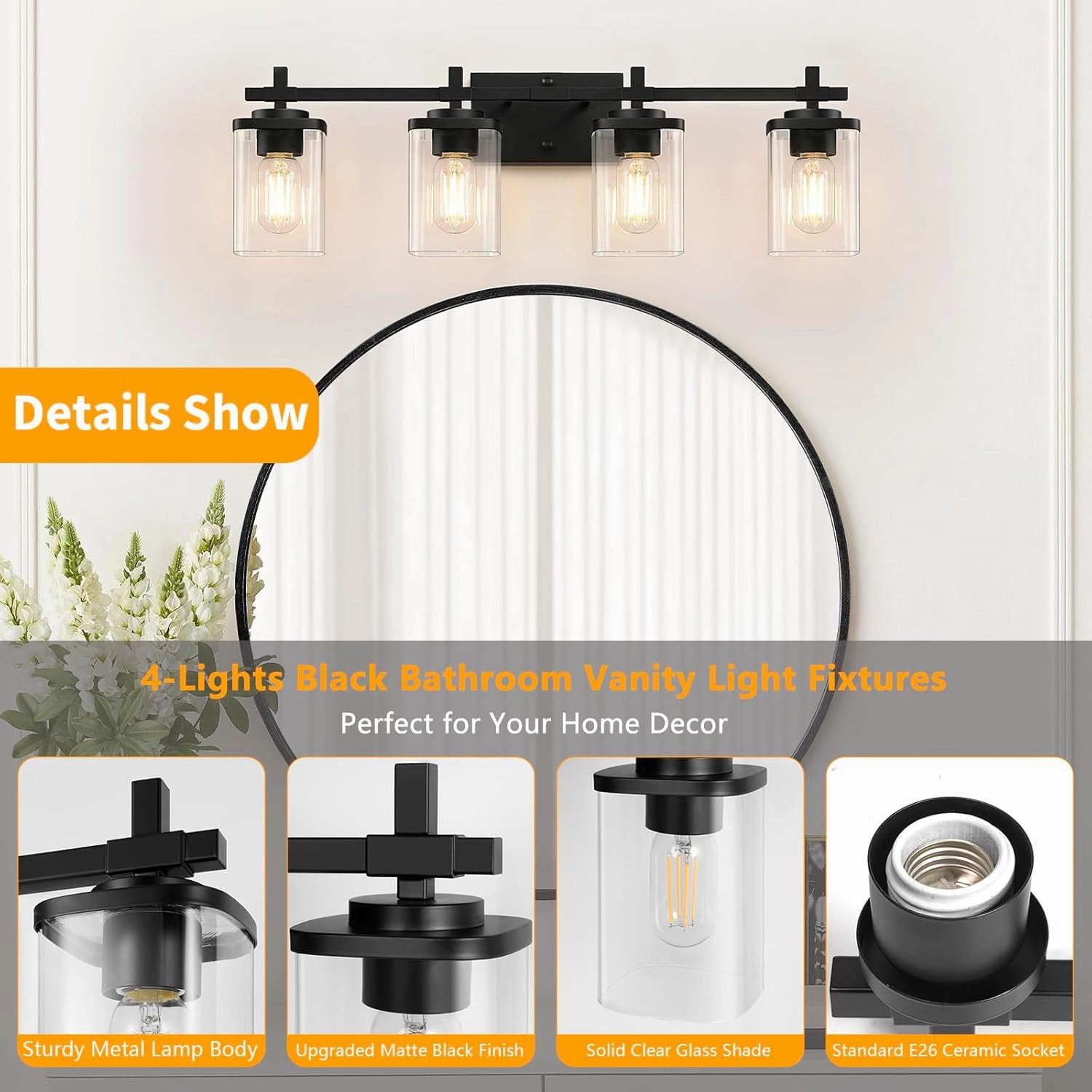 4-Lights Matte Black Bathroom Light Fixture, Modern Black Vanity Lights Over Mirror with Clear Glass Shade, Bathroom Wall Mounted Lamp for Mirror Living Room Hallway Cabinet