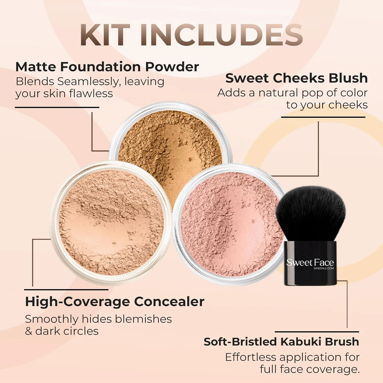 4pc KIT w/KABUKI BRUSH Mineral Makeup Bare Set Full Coverage Concealer Blush Foundation Powder (Deep Tan)