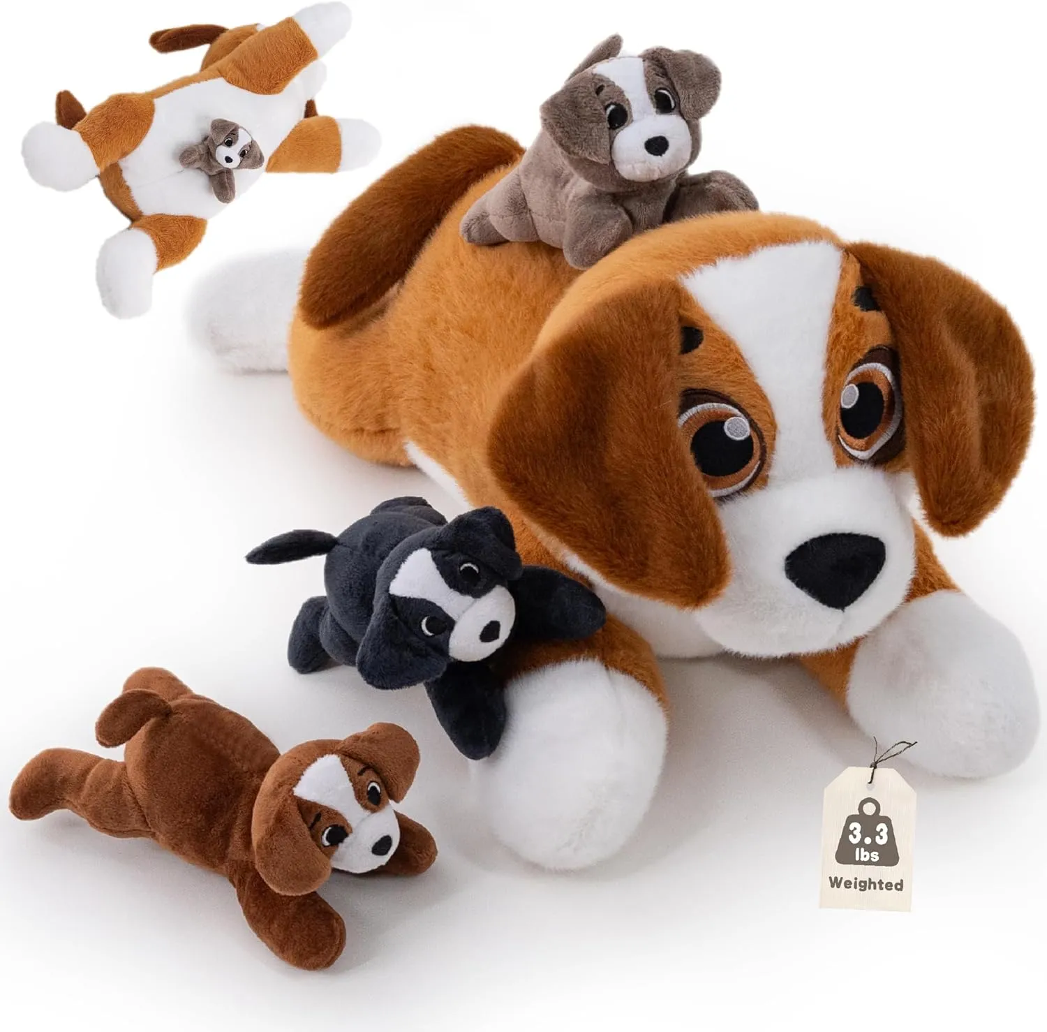 4Pcs Weighted Dog Stuffed Animal, Beagle Stuffed Animals with Babies Inside, Mommy Dog with Puppies Inside, Weighted Puppy Plush Toy for Kids on Birthday Children's Day Christmas(19.5" 3.3lbs)