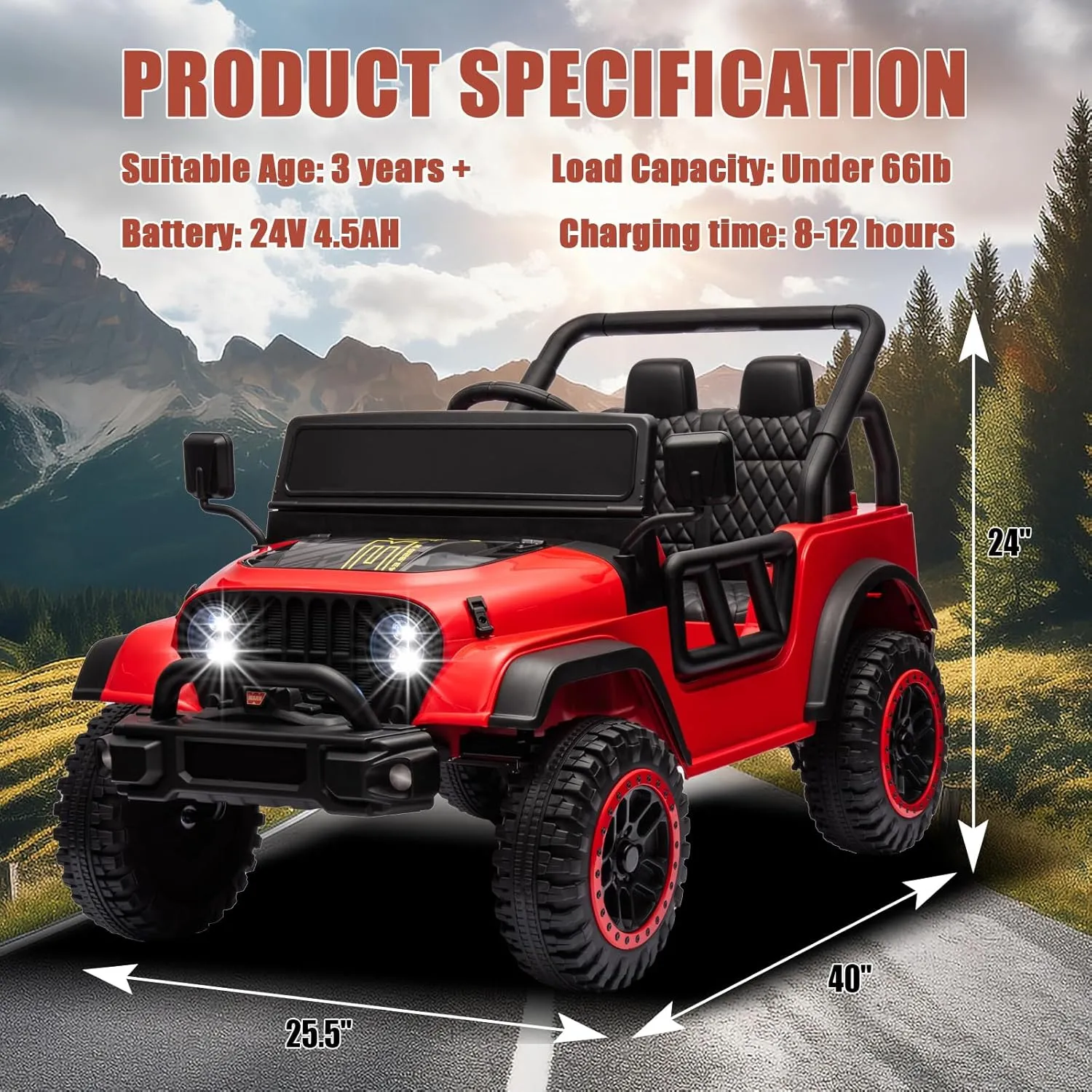 4x4 1-Seater Ride On Truck for Kids, 24V Battery Powered Electric Car for Boys and Girls with EVA Tires Off Road Vehicle with Remote Control, LED Headlights, Ride On Car w/Bluetooth, Red