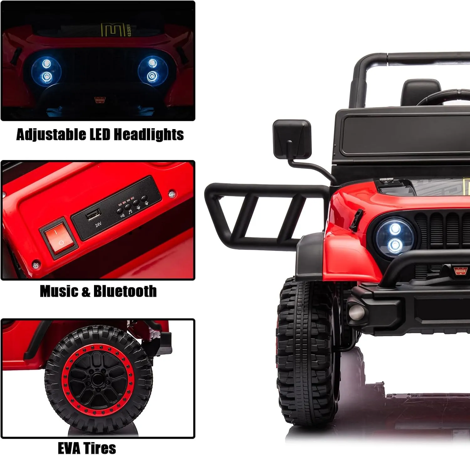 4x4 1-Seater Ride On Truck for Kids, 24V Battery Powered Electric Car for Boys and Girls with EVA Tires Off Road Vehicle with Remote Control, LED Headlights, Ride On Car w/Bluetooth, Red