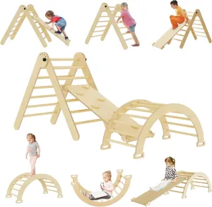 5 in 1 Extra Large Pikler Triangle Set, Indoor Toddler Playground with Arch, Ramp & Triangle - Natural Wooden Montessori Climbing Set