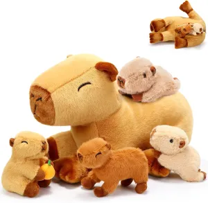 5 Pcs Capybara Stuffed Animals 15.75'' Capybara Mommy with 4 Cute Babies Set Soft Plushies for Girls Birthday Christmas Party Gift(Lying)