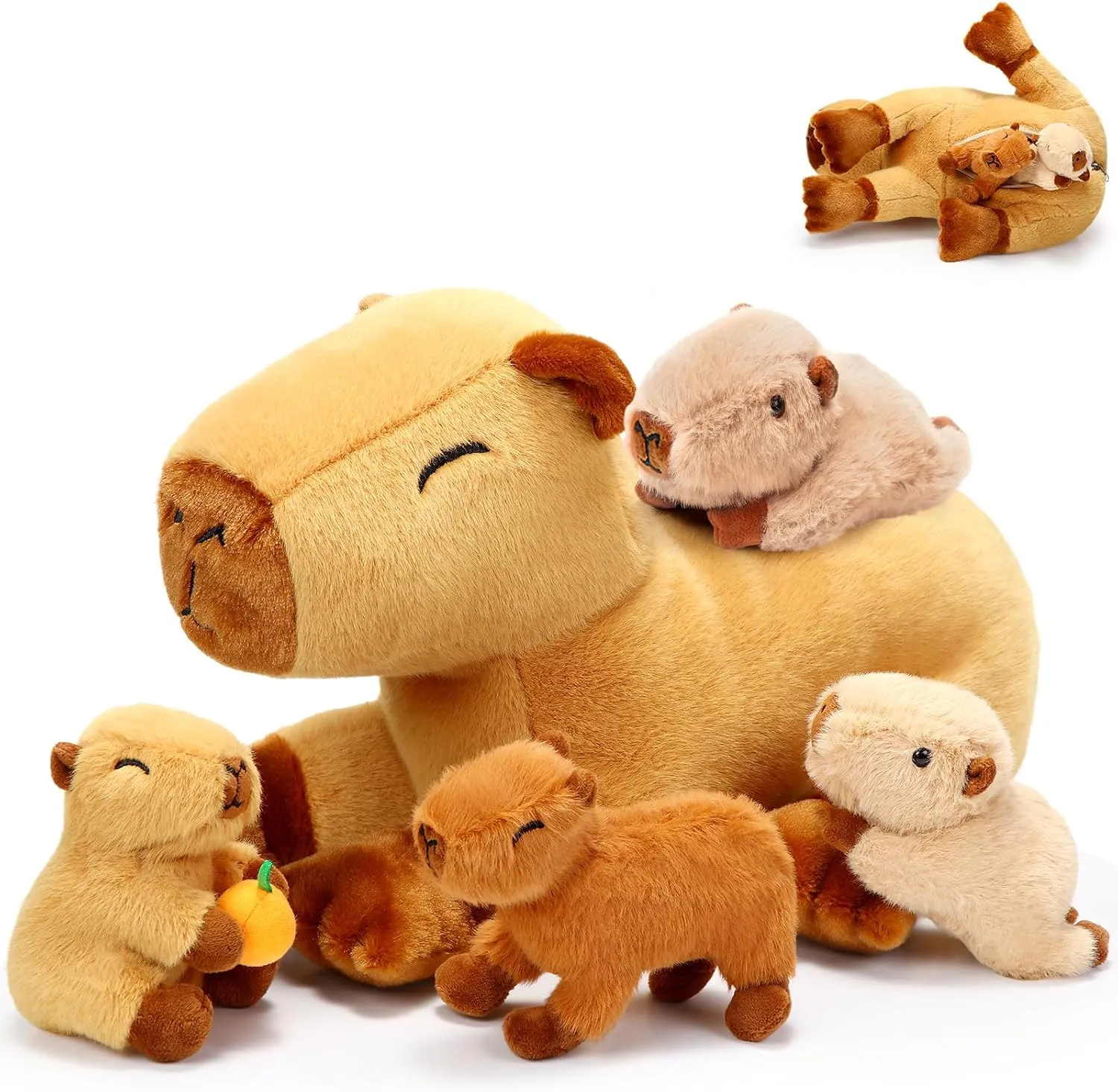 5 Pcs Capybara Stuffed Animals 15.75'' Capybara Mommy with 4 Cute Babies Set Soft Plushies for Girls Birthday Christmas Party Gift(Lying)
