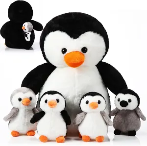 5 Pcs Penguin Plush Toy Set 14 Inch Mommy Penguin Stuffed Animal with 4 Cute Babies in Zippered Belly Soft Cuddly Plushie for Kids Birthday Gifts Party Favors(Lovely Style)