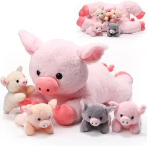 5 Pcs Pig Stuffed Animals, 12 Inch Large Plush Mommy Pig with 4 Little Baby in Mother Belly, Gifts for Mothers, Boys and Girls' Graduation Birthday Party Favors(Lying)
