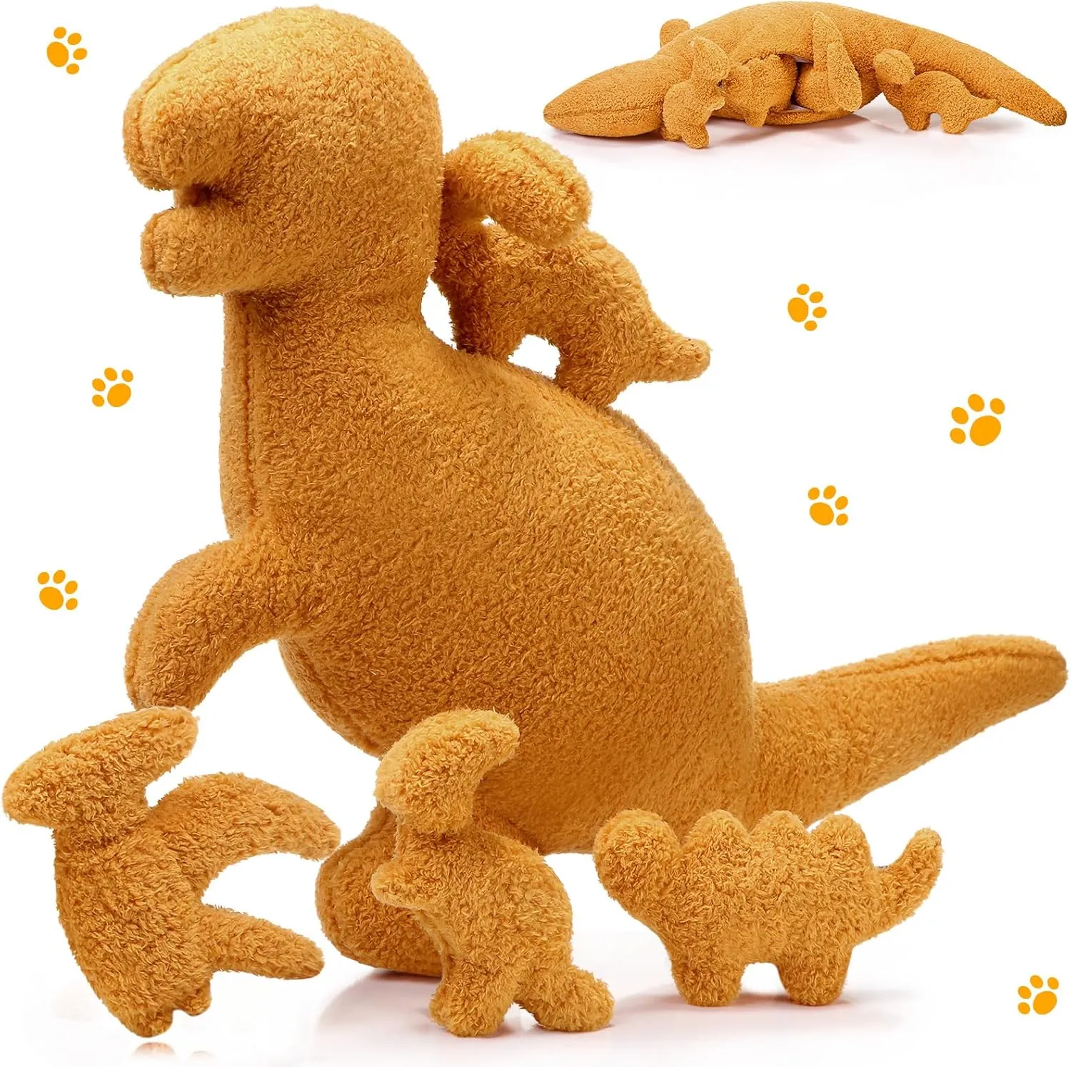 5 Pcs Plush Dinosaur Nugget Pillow Set, 16 Inch Large Stuffed Dinosaur with 4 Plush Babies in Zippered Belly Soft Dino Pillow Gifts for Birthday Collection Party Decors