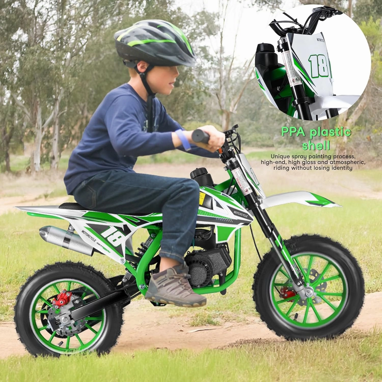 50cc Dirt Bike,2-Stroke Kid Dirt Bike,Dirt Bikes for Kids 8-14,Off Road Gas Power Mini Pocket Motorcycle with Front Rear Disc Brakes,Mini Dirt Scooter Bike with Speeds up to 40 MPH Green 1