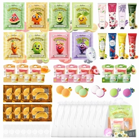 56PCS Spa Party Supplies For Girls, Spa Birthday Party Favors For 8 People, Spa Day Kit With Bath Bombs, Eye Mask, Lip Balm, Face Mask, Hand Cream, Compressed Towel, Gift Bag, Sleepover Spa Gift Set