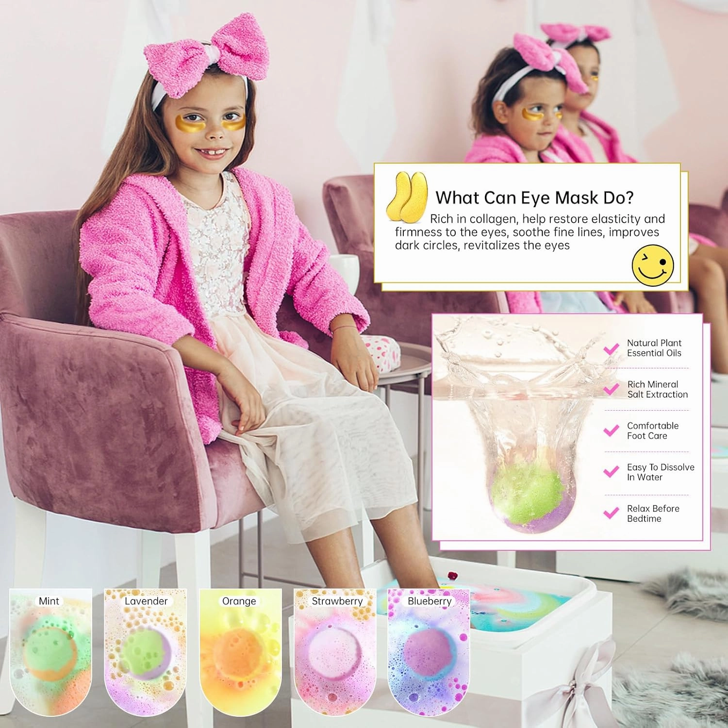 56PCS Spa Party Supplies For Girls, Spa Birthday Party Favors For 8 People, Spa Day Kit With Bath Bombs, Eye Mask, Lip Balm, Face Mask, Hand Cream, Compressed Towel, Gift Bag, Sleepover Spa Gift Set