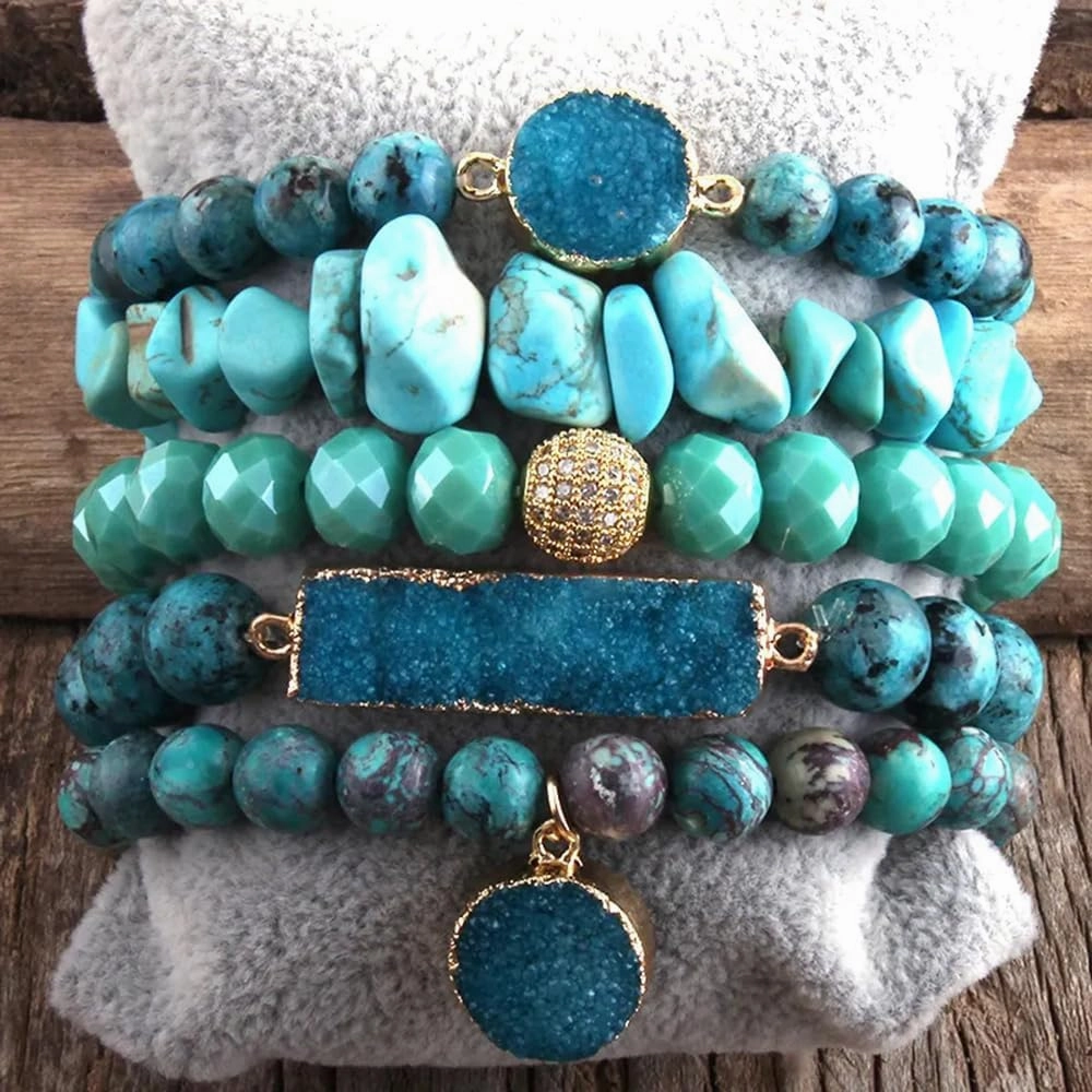 5PCS 6PCS Natural Boho Beaded Bracelets/Bangle for Women Men,Healing Turquoise Jasper Agate Crystal Gemstone Stone Chakra Multilayer Wrap Bohemian Handmade Jewelry Beads Stretch Bracelet Set