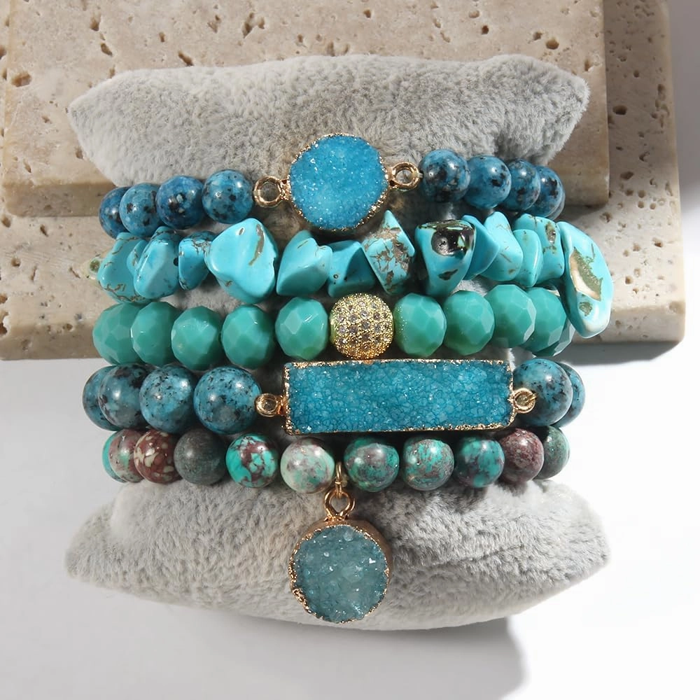 5PCS 6PCS Natural Boho Beaded Bracelets/Bangle for Women Men,Healing Turquoise Jasper Agate Crystal Gemstone Stone Chakra Multilayer Wrap Bohemian Handmade Jewelry Beads Stretch Bracelet Set