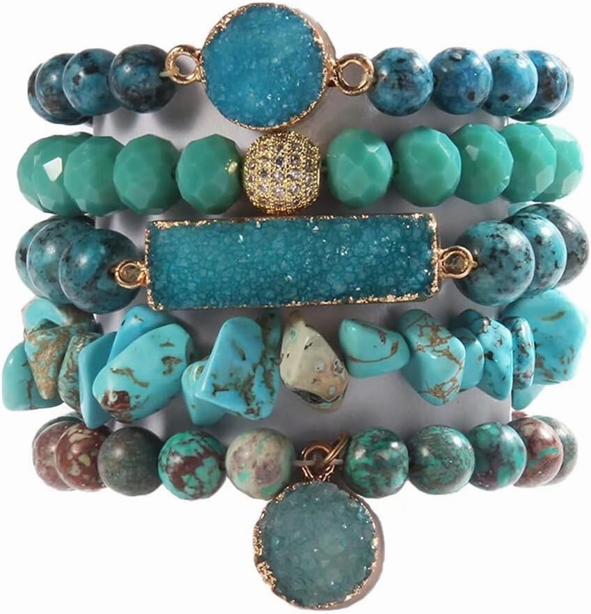 5PCS 6PCS Natural Boho Beaded Bracelets/Bangle for Women Men,Healing Turquoise Jasper Agate Crystal Gemstone Stone Chakra Multilayer Wrap Bohemian Handmade Jewelry Beads Stretch Bracelet Set