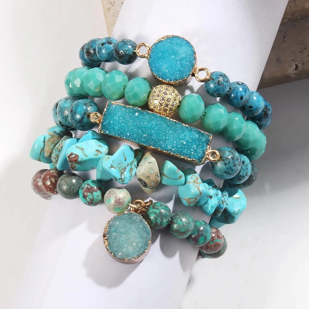 5PCS 6PCS Natural Boho Beaded Bracelets/Bangle for Women Men,Healing Turquoise Jasper Agate Crystal Gemstone Stone Chakra Multilayer Wrap Bohemian Handmade Jewelry Beads Stretch Bracelet Set