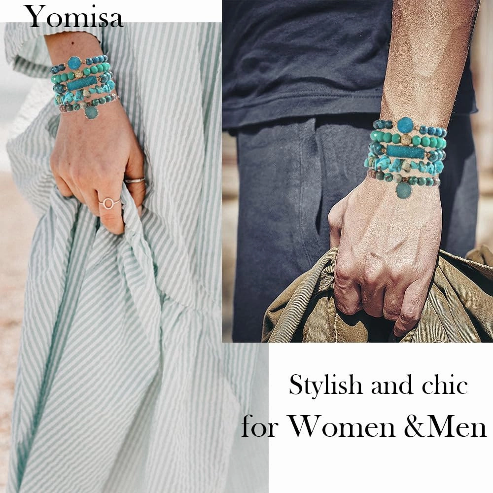 5PCS 6PCS Natural Boho Beaded Bracelets/Bangle for Women Men,Healing Turquoise Jasper Agate Crystal Gemstone Stone Chakra Multilayer Wrap Bohemian Handmade Jewelry Beads Stretch Bracelet Set