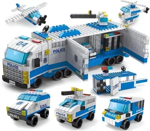 6 in 1 City Police Truck Mobile Command Center Car Building Set, SWAT Chase Crime Lab Toys with Police Station, Rescue Helicopter Airplane, Christmas Birthdays Gifts for Boys 6-12
