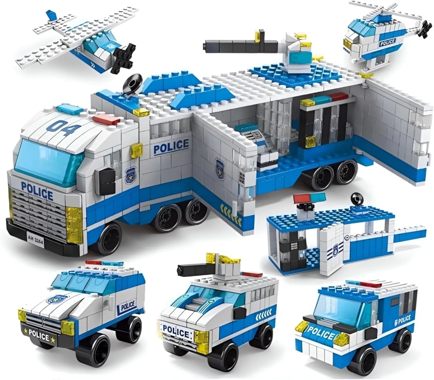 6 in 1 City Police Truck Mobile Command Center Car Building Set, SWAT Chase Crime Lab Toys with Police Station, Rescue Helicopter Airplane, Christmas Birthdays Gifts for Boys 6-12