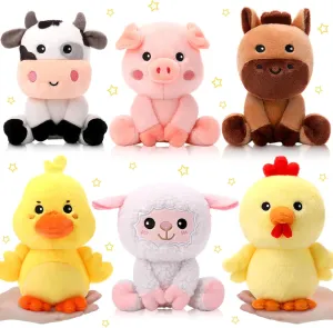 6 Pcs 7 Inch Farm Animal Cute Plush Toys Set Horse Sheep Cow Duck Chick and Pig Stuffed Animals Gifts for Baby Shower Birthday Party Prizes and Table Decor