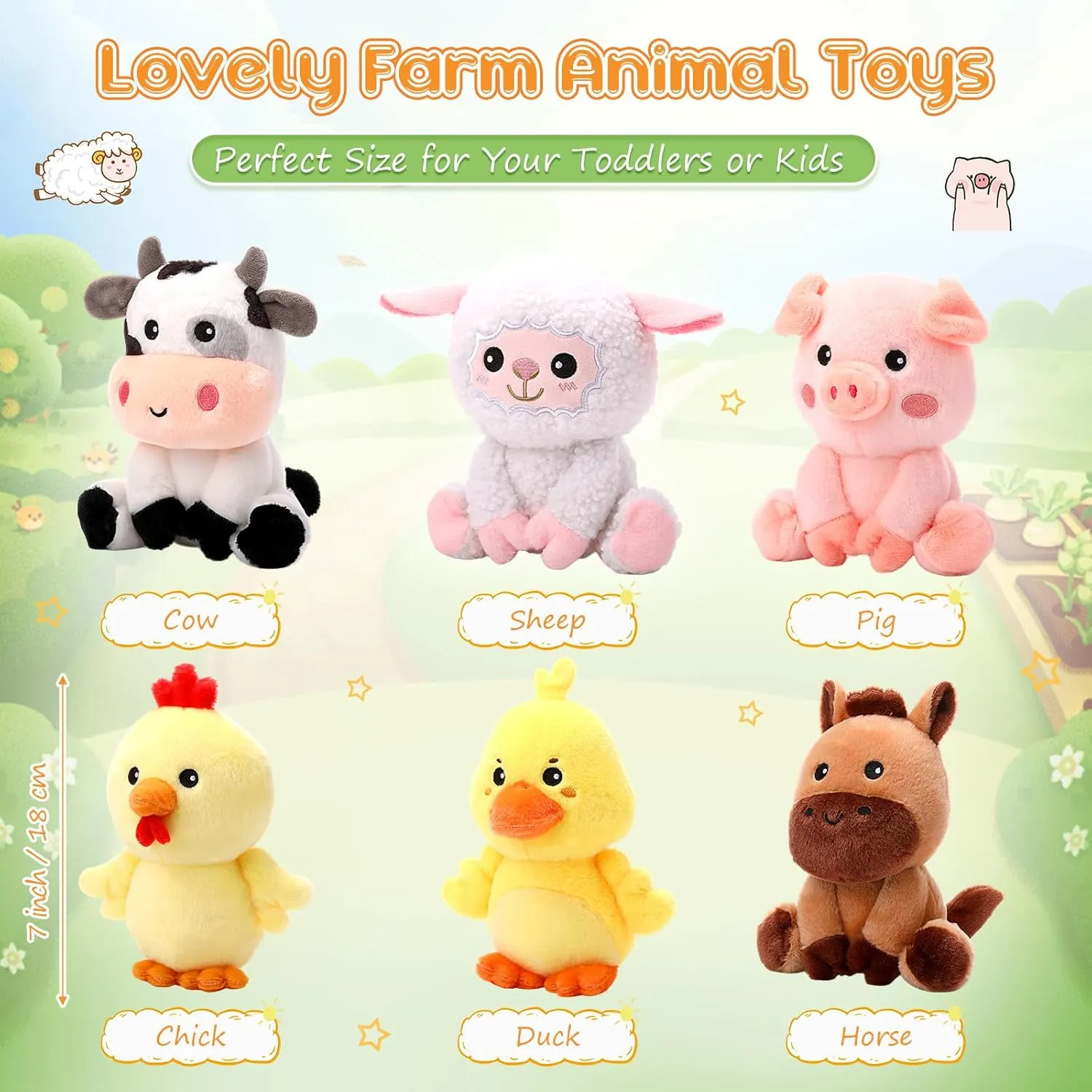 6 Pcs 7 Inch Farm Animal Cute Plush Toys Set Horse Sheep Cow Duck Chick and Pig Stuffed Animals Gifts for Baby Shower Birthday Party Prizes and Table Decor