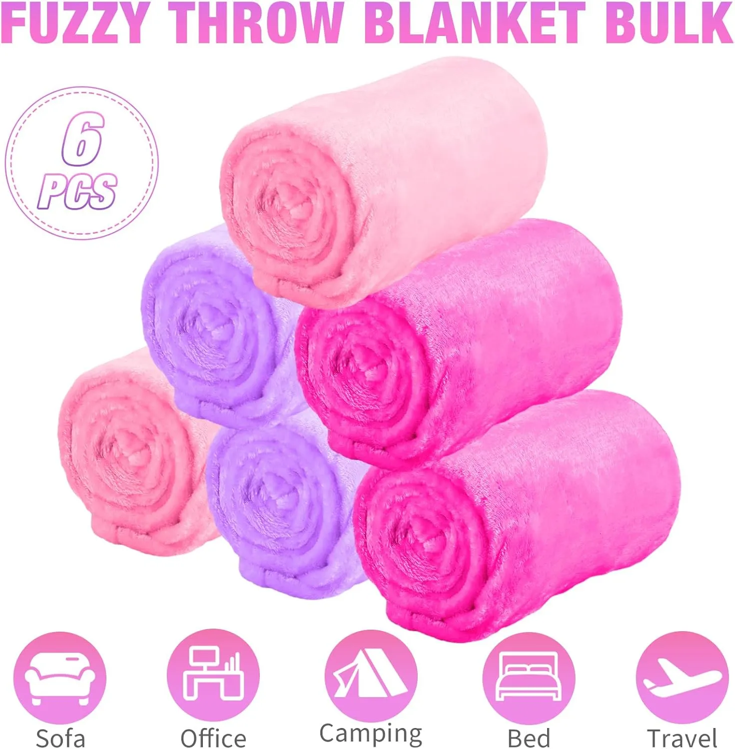 6 Pcs Fleece Sleepover Blankets for Girls Soft Fuzzy Throw Blanket Bulk Warm Flannel for Spa Slumber Movie Night Wedding(Pink, Light Purple, Rose Red,40 x 60 Inch)