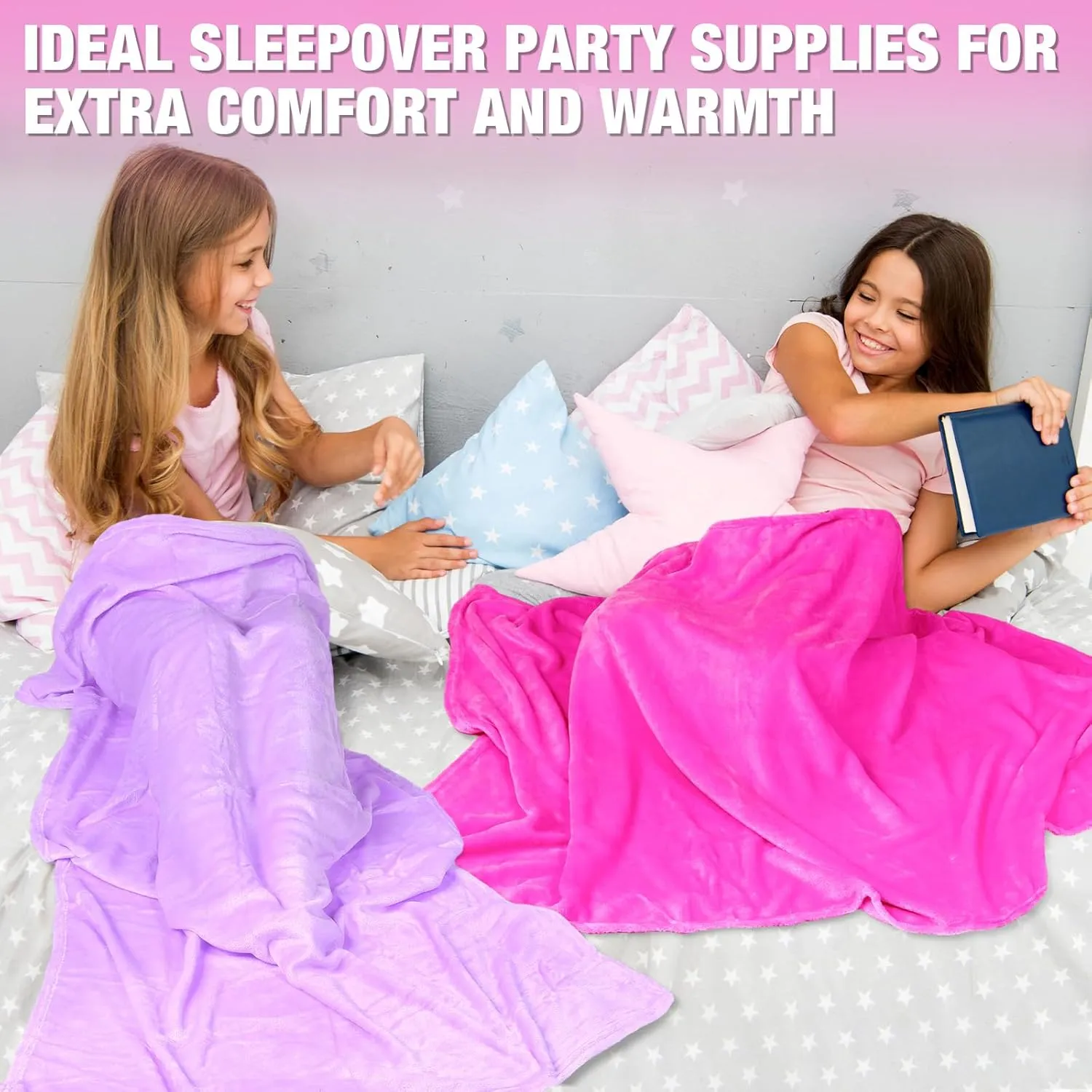 6 Pcs Fleece Sleepover Blankets for Girls Soft Fuzzy Throw Blanket Bulk Warm Flannel for Spa Slumber Movie Night Wedding(Pink, Light Purple, Rose Red,40 x 60 Inch)