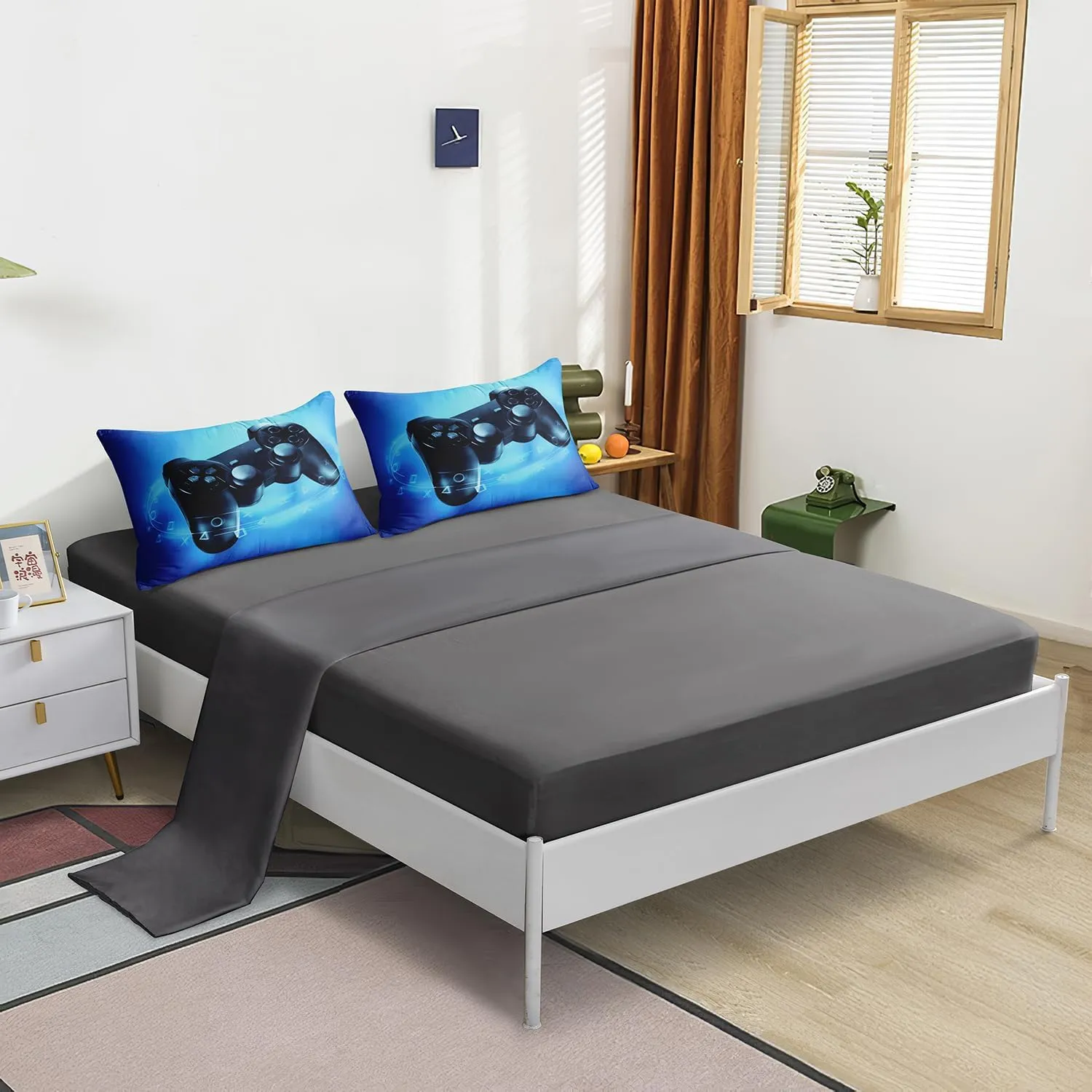 6 Pieces Bed in a Bag for Gaming Bedding Set,Boys Gamer Comforter Set with Flat Sheet,Fitted Sheet,Pillowcases,Cushion Cover,Game Console Pattern Bed Set for Kids Boys Room Decor A04F