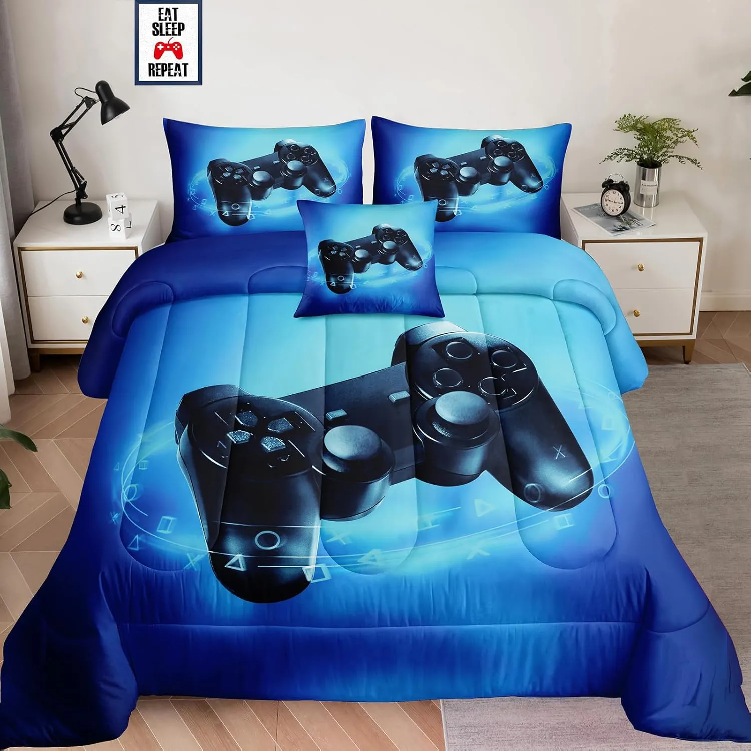 6 Pieces Bed in a Bag for Gaming Bedding Set,Boys Gamer Comforter Set with Flat Sheet,Fitted Sheet,Pillowcases,Cushion Cover,Game Console Pattern Bed Set for Kids Boys Room Decor A04F