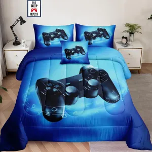 6 Pieces Bed in a Bag for Gaming Bedding Set,Boys Gamer Comforter Set with Flat Sheet,Fitted Sheet,Pillowcases,Cushion Cover,Game Console Pattern Bed Set for Kids Boys Room Decor A04F