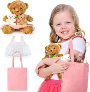 6 Set Bear Stuffed Animal for Girls Age 3-10 Mommy Bear with Baby Small Plush Dolls Set Dress Up Stuffed Animal Gift for Kids Birthday Party Favor Children's Day, 2 Dress with 1 Bag