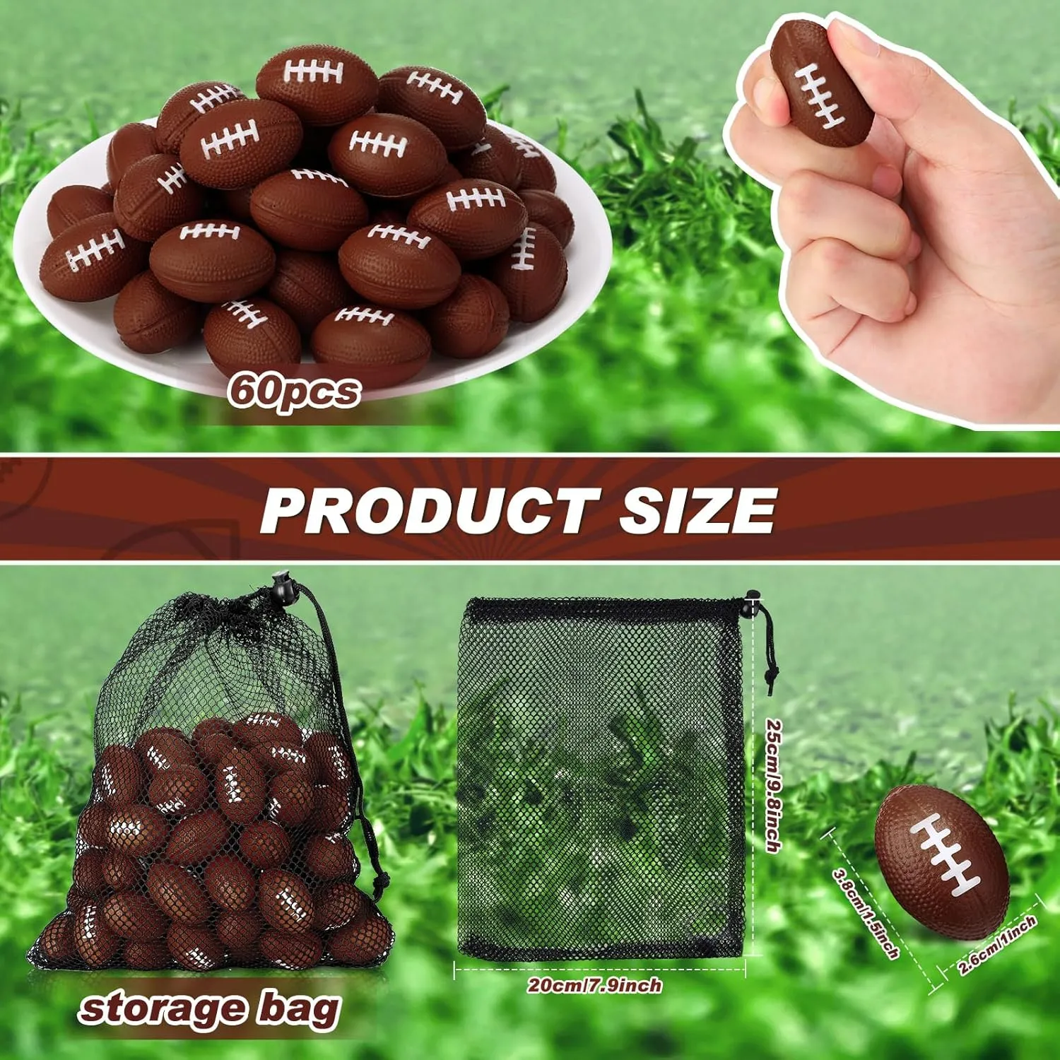 60 Pcs Mini Football Stress Ball 1.5 Inch Small Soft Foam Balls Bulk Sports Party Favors with Drawstring Mesh Bag for Sports Theme Party Favor Supplies Outdoor Games (Dark Brown)
