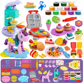 60 PCS 3 in 1 Dough Sets for Kids Ages 3-4-8, Dough Tools Kit, Unicorn, Ice Cream Playset, Hamburger Maker Machine, Kitchen Creations Food Play Toys Boys Girls