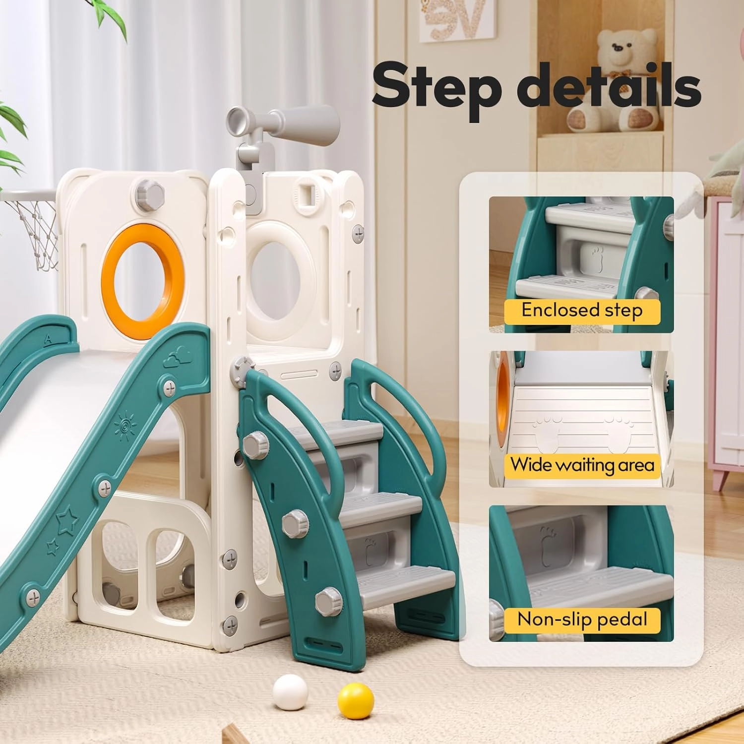 6 in 1 Toddler Playset with Slide, Kids Slide with Basketball Hoop, Ball, Ring Toss, Indoor Outdoor Toys