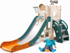 6 in 1 Toddler Playset with Slide, Kids Slide with Basketball Hoop, Ball, Ring Toss, Indoor Outdoor Toys