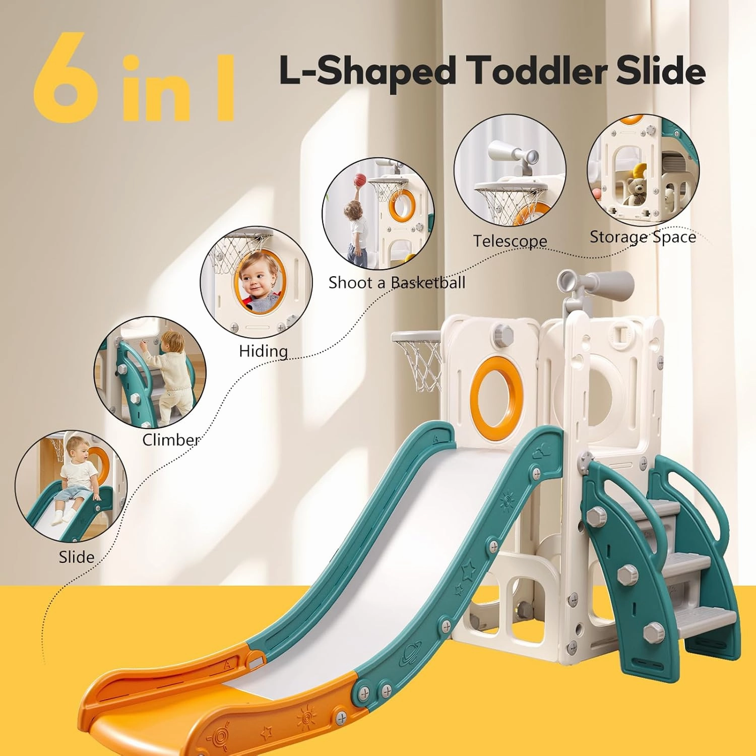 6 in 1 Toddler Playset with Slide, Kids Slide with Basketball Hoop, Ball, Ring Toss, Indoor Outdoor Toys