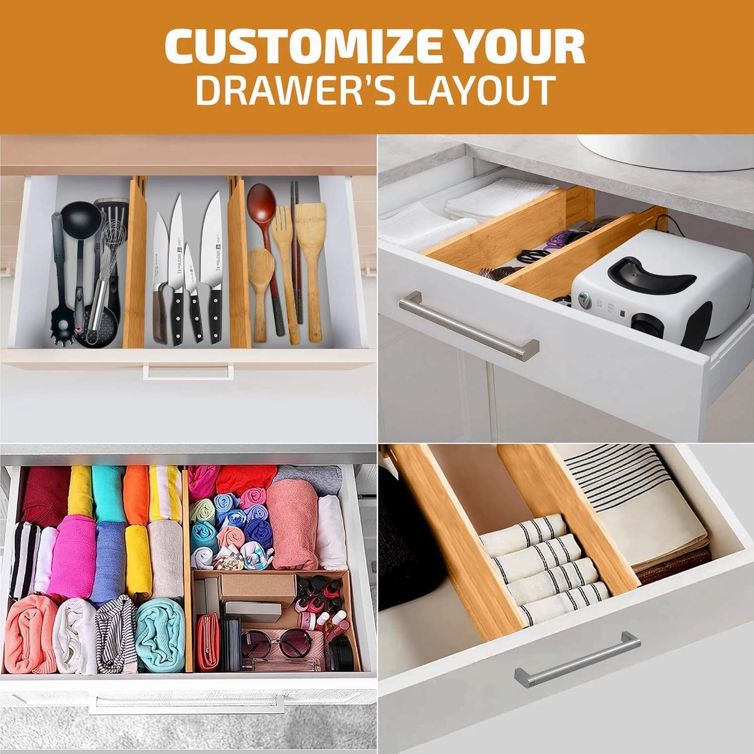 6 Pack Drawer Dividers 6 Inch High, 11”-17" Adjustable Bamboo Organizers Large Expandable Drawer Separators for Cloths, Dresser, Bedroom, Bathroom, Baby Drawer, Office & Kitchen Utensils (Natural)