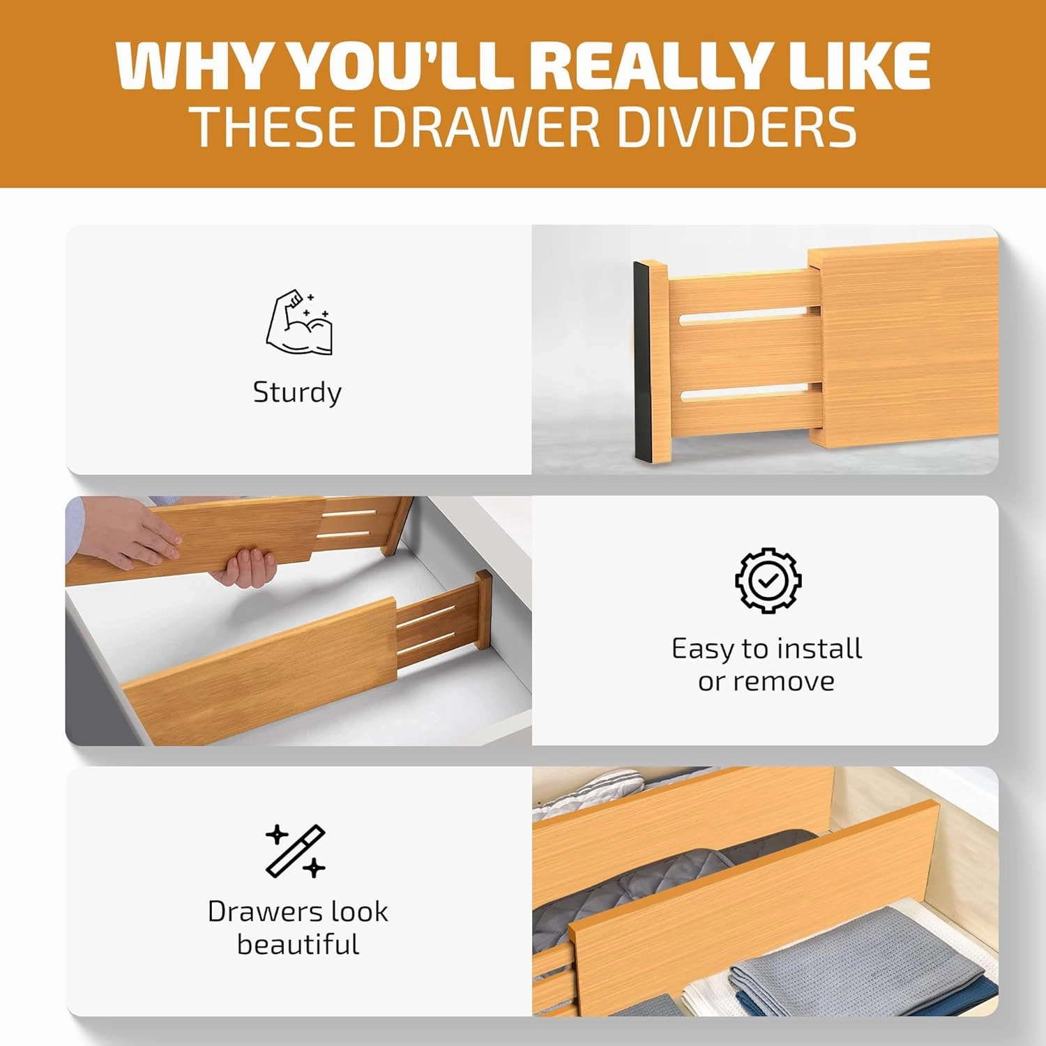 6 Pack Drawer Dividers 6 Inch High, 11”-17" Adjustable Bamboo Organizers Large Expandable Drawer Separators for Cloths, Dresser, Bedroom, Bathroom, Baby Drawer, Office & Kitchen Utensils (Natural)