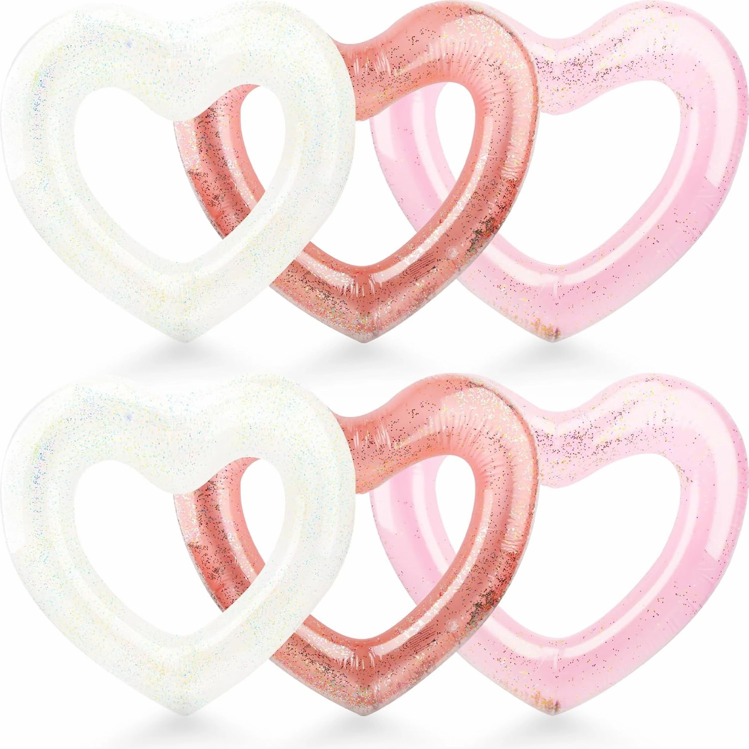 6 Pack Inflatable Glitter Heart Pool Float Blow up Heart Shaped Swimming Tube for Adults Bachelorette Party Summer Beach Party Toys