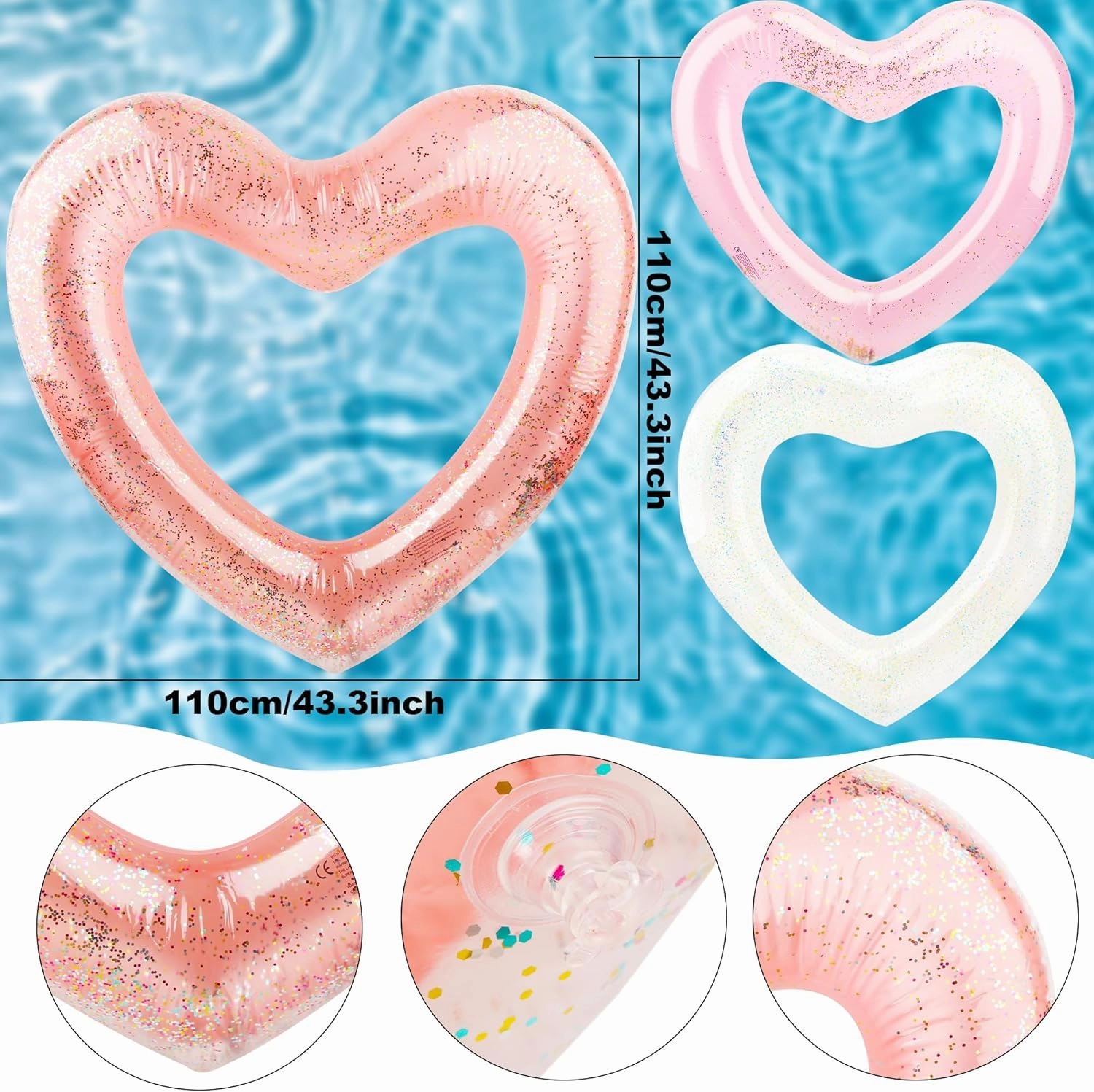 6 Pack Inflatable Glitter Heart Pool Float Blow up Heart Shaped Swimming Tube for Adults Bachelorette Party Summer Beach Party Toys