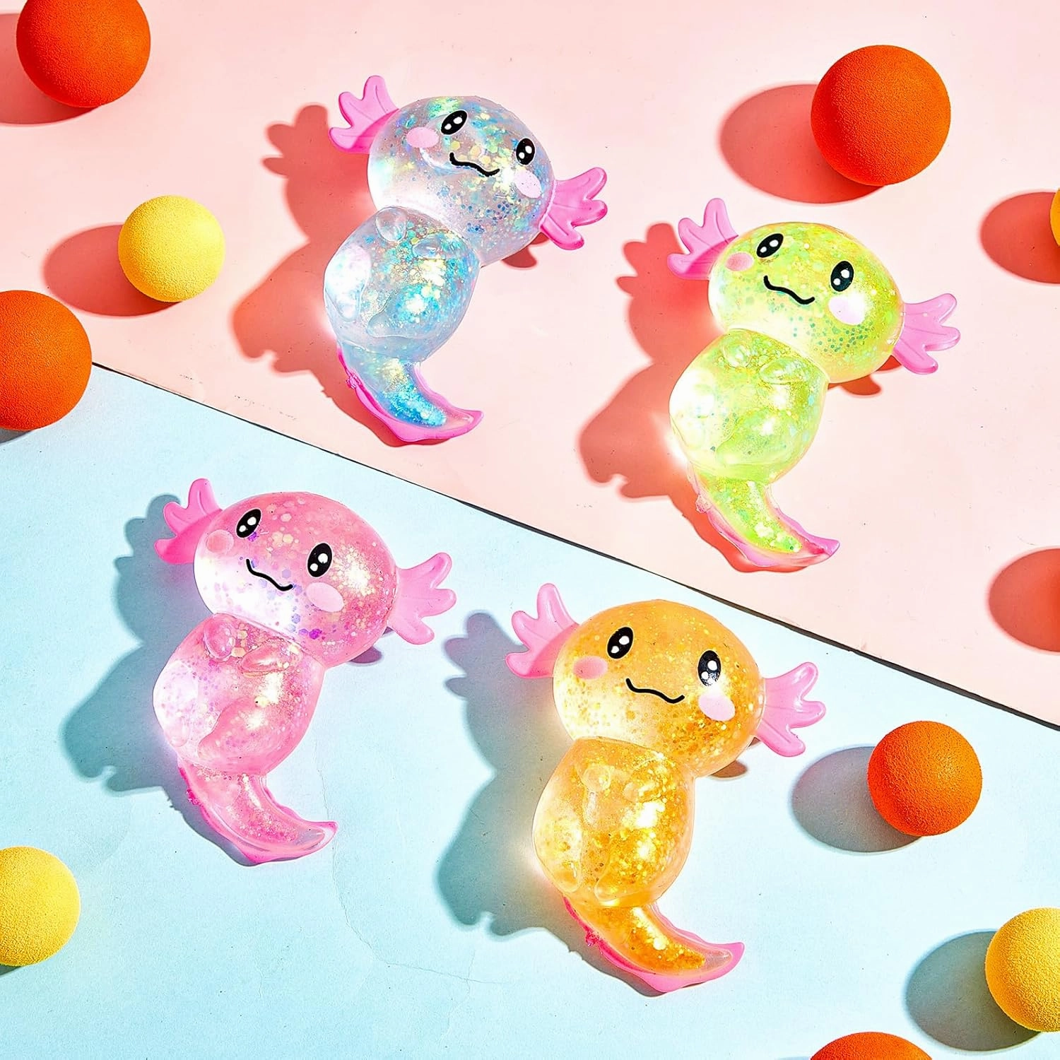 6 Pcs Stress Relief Axolotl Squeeze Axolotl Party Favors 3. 94 x 3. 15 Inches Malt Sugar Filled Stretchy Fidget Stress Ball Toy for Adults Soothing Birthday Party Gift, 4 Styles (Glitter)