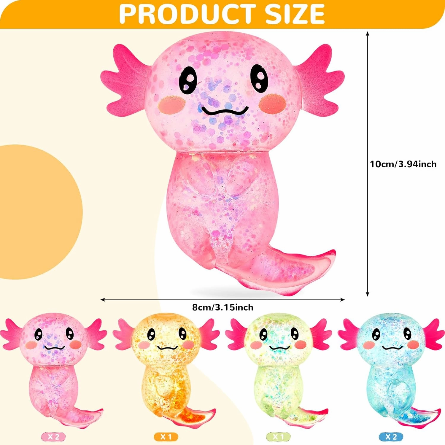 6 Pcs Stress Relief Axolotl Squeeze Axolotl Party Favors 3. 94 x 3. 15 Inches Malt Sugar Filled Stretchy Fidget Stress Ball Toy for Adults Soothing Birthday Party Gift, 4 Styles (Glitter)