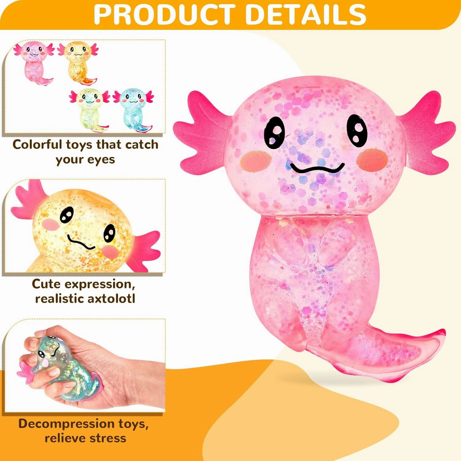 6 Pcs Stress Relief Axolotl Squeeze Axolotl Party Favors 3. 94 x 3. 15 Inches Malt Sugar Filled Stretchy Fidget Stress Ball Toy for Adults Soothing Birthday Party Gift, 4 Styles (Glitter)