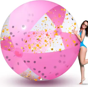 72 Inch Giant Pink Inflatable Beach Ball 6 ft Large Glitter Beach Ball UV Resistant Jumbo Swimming Pool Ball Clear Confetti Ball with a Repair Tape Floatable Ball for Swimming Beach Pool Party Decor
