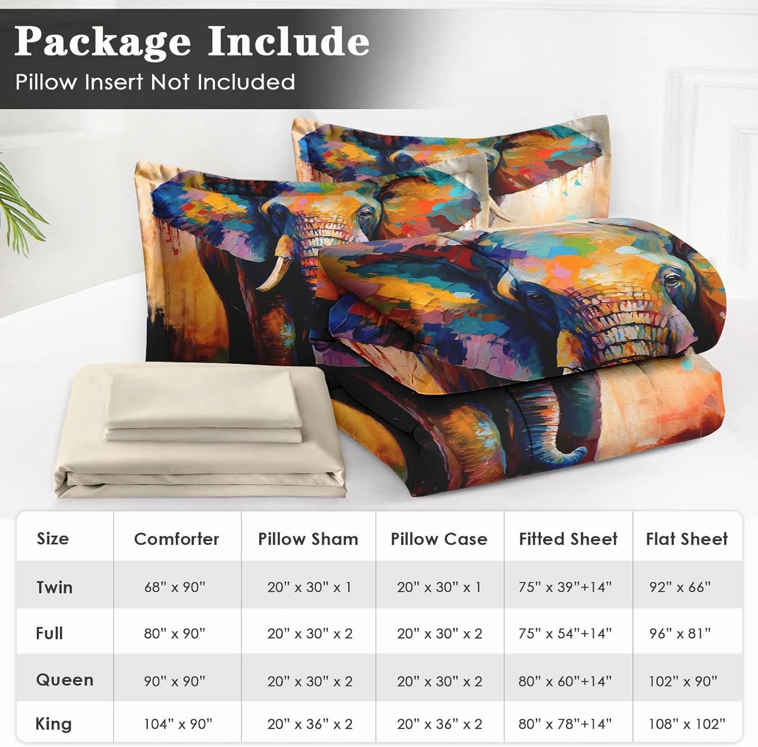 7 Pcs Queen Size Comforter Set with 2 Pillowcases & 2 Shams, Painting Animal Elephant Bedding for Kids and Adults, Natural Wildlife Bed in a Bag with Flat Fitted Sheet