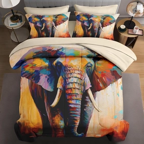 7 Pcs Queen Size Comforter Set with 2 Pillowcases & 2 Shams, Painting Animal Elephant Bedding for Kids and Adults, Natural Wildlife Bed in a Bag with Flat Fitted Sheet