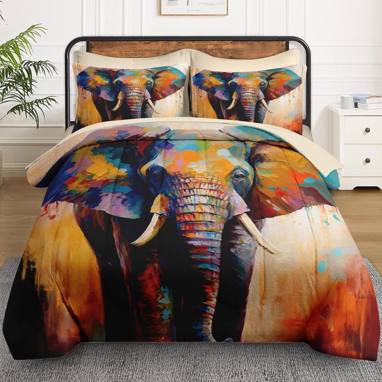 7 Pcs Queen Size Comforter Set with 2 Pillowcases & 2 Shams, Painting Animal Elephant Bedding for Kids and Adults, Natural Wildlife Bed in a Bag with Flat Fitted Sheet