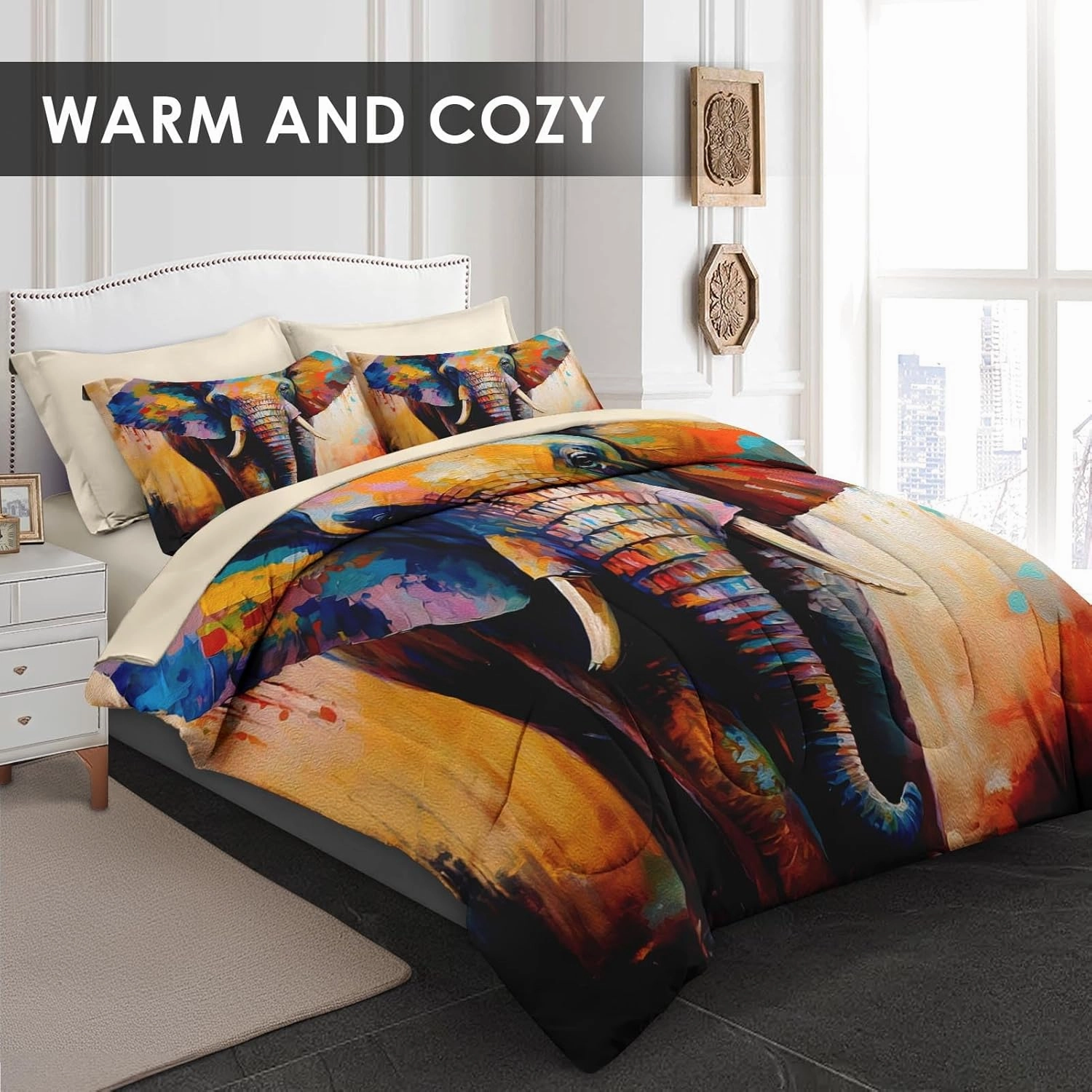 7 Pcs Queen Size Comforter Set with 2 Pillowcases & 2 Shams, Painting Animal Elephant Bedding for Kids and Adults, Natural Wildlife Bed in a Bag with Flat Fitted Sheet