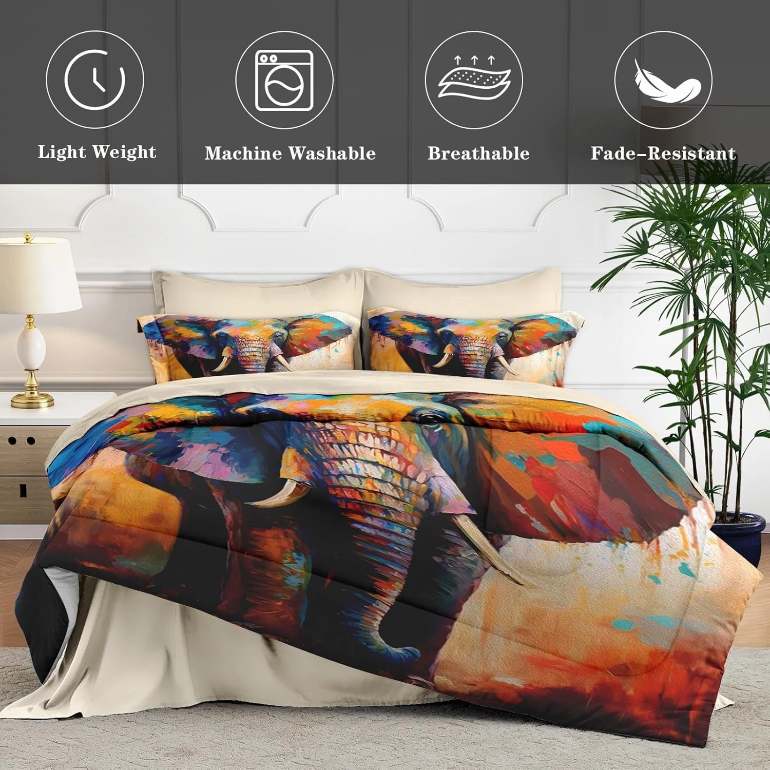 7 Pcs Queen Size Comforter Set with 2 Pillowcases & 2 Shams, Painting Animal Elephant Bedding for Kids and Adults, Natural Wildlife Bed in a Bag with Flat Fitted Sheet